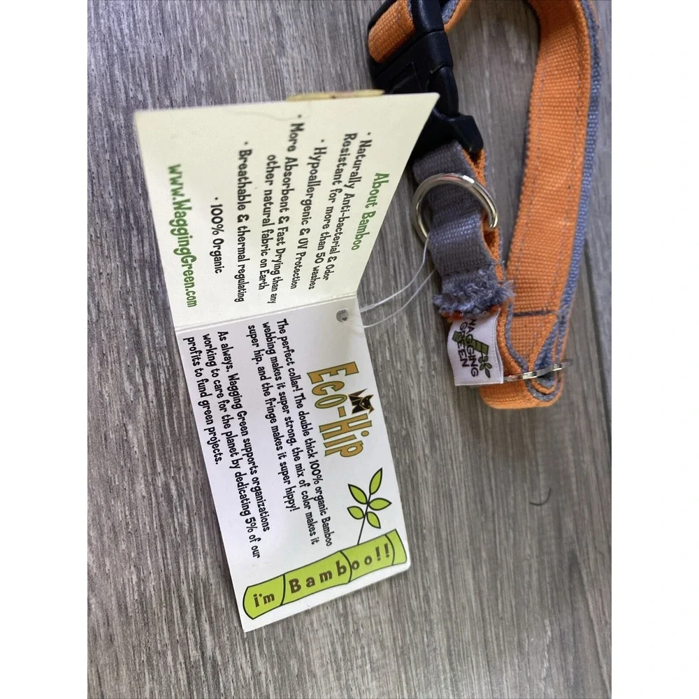 Wagging‎ Green Eco Hip Bamboo Dog Collar Medium Orange Grey 3/4